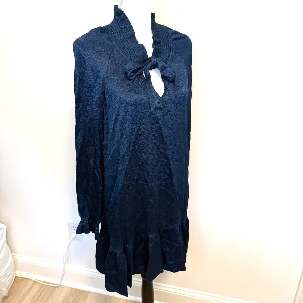Sandro Paris Long Sleeve Tie Neck Flounce Hem Mini Dress In Navy Blue Size 36